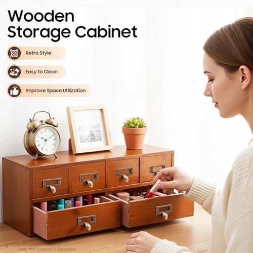 6-Drawer Vintage Desk Organizer Tabletop Apothecary Cabinet Vintage Wooden Drawers Library Card Catalog Cabinet for Store Medicine, Jewelry, Tea Collection (Brown)