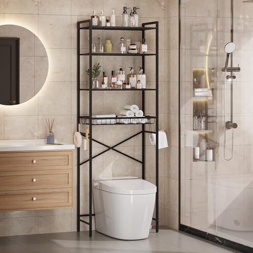 Gizoon Over-The-Toilet Storage Rack with Adjustable Shelf and Basket, 4-Tier Freestanding Space Saver Bathroom Shelves Above Toilet for Room