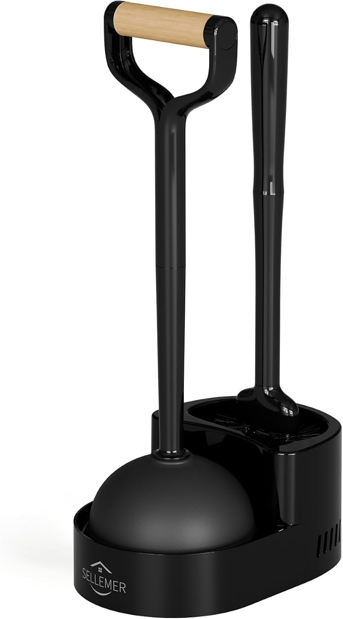 Sellemer Toilet Brush and Plunger Set, Curved Head for Deep Cleaning, Black | Brush and Plunger set, Curved Nylon Bristles for Deep Clean, Strong Suction Plunger, Ventilated Holder for Quickly Air Dry