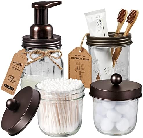 Amolliar Mason Jar Bathroom Accessories Set, 4Pcs Glass Rustic Bathroom Set