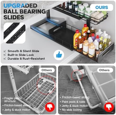 Under Sink Organizer Upgrade To Professional Rails,2-Tier Dual Pull Out Cabinet Storage,Height Adjustable Slide Out Drawers For Bathroom Kitchen,2 Pack-21"Dx12.8"-16.9"H,Black