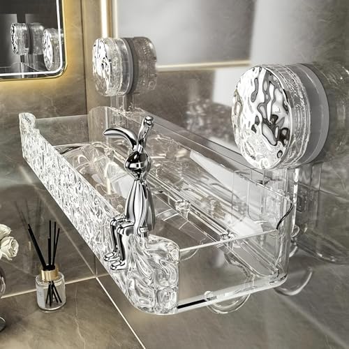 Shower Caddy Suction Cup, Wall Mounted Suction Shower Rack Organizer, No Drilling Clear Shelf Basket with 4 Movable Hooks, Bathroom Storage Rack Suitable for Smooth Walls
