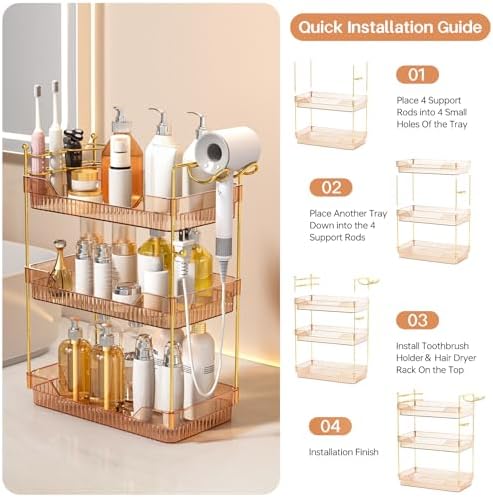 3-Tier Bathroom Countertop Organizer - Amber Acrylic Vanity Trays with Hair Dryer & Toothbrush Holder - Luxury Skincare, Perfume & Makeup Storage Rack for Countertop, Dresser & Cabinet