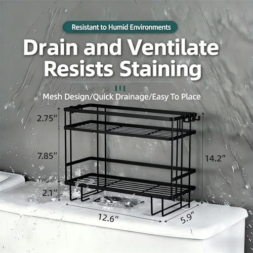 Over The Toilet Storage Rack - Bathroom Organizer Shelf, 2-Tier Floating Shelves with Hooks, No-Drill, Toilet Paper Holder for Restroom Bathroom Vanity Kitchen (Black)