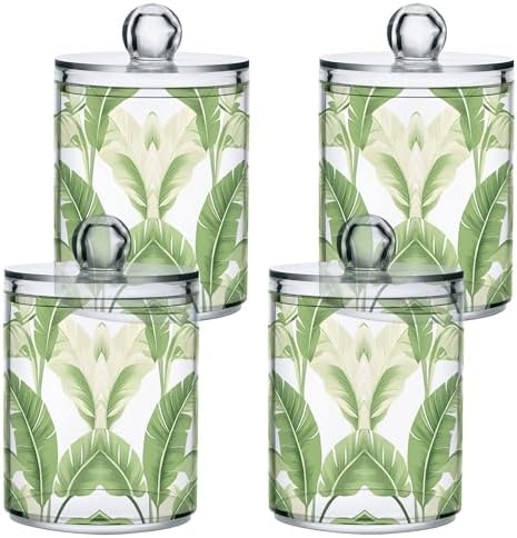 MNSRUU 4 Pack Qtip Holder Organizer Dispenser Plantain Leaf Bathroom Storage Canister Cotton Ball Holder Bathroom Containers for Cotton Swabs/Pads/Floss