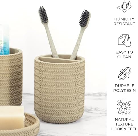 ZCCZ Beige Bathroom Accessories Set 4 Pcs - Toothbrush Holder, Soap Dispenser, Vanity Tray, Tumbler - Countertop Organizer for Bathroom Decor - Stylish and Functional Accessory Set for Home