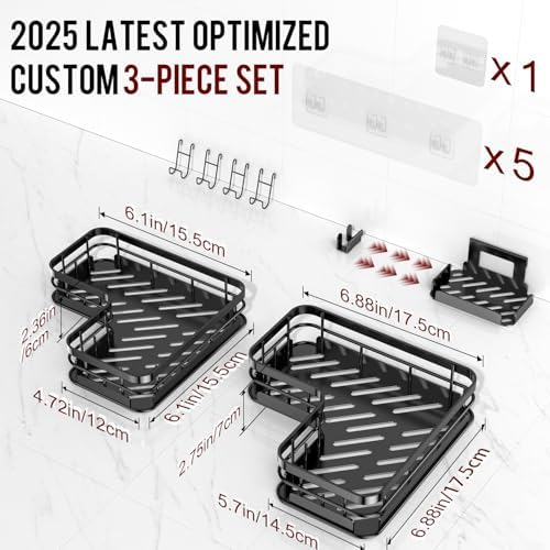 Getsrichfc Large Capacity Shower Caddy, Heavy-Duty Adhesive Shower Organizers with Custom Aesthetic Design Soap, No Drilling Corner Shower Shelves, 5 Hooks for Bathroom Accessories - 3 Pack