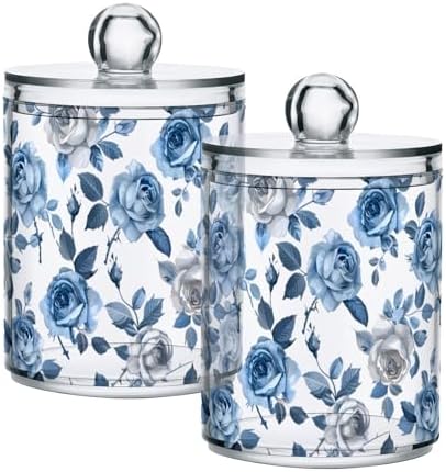 2 Pack Qtip Holder Organizer Dispenser Roses Blue Grey Bathroom Storage Canister Cotton Ball Holder Container for Cotton Pads/Swabs/Floss