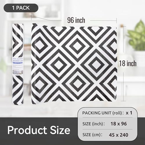 FIFTY FEET 18"x96" Non-Adhesive Shelf Liner for Kitchen Cabinets and Drawers, Washable Non-Slip PVC Cabinet Liner (Black Plaid)(1 Roll)