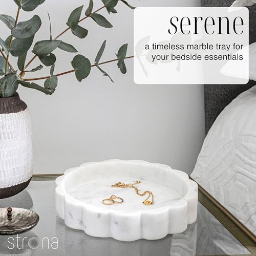 STRONA White Scalloped Marble Tray - 8" Round Stone Vanity Tray for Perfume & Jewelry, Marble Dish for Bathroom Countertop & Kitchen Counter, Decorative Tray for Bathroom & Kitchen, Modern Catchall