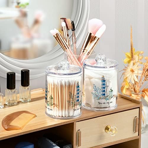 ALAZA Bathroom Canister Set of 2, Watercolor Hand Drawn Nautica Nautical Coastal Lighthouse Anchor Plastic Jars Holder Dispense Qtip Holder Storage Jars with Lids,Home Decor