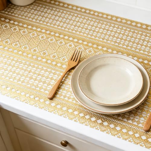 Drawer and Shelf Liner - Gold Geometric Lace Pattern,Non Adhesive