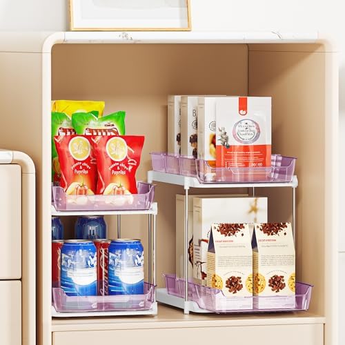 Delamu 2-Tier Multi-Purpose Bathroom Under Sink Organizers and Storage, Stackable Kitchen Pantry Organization, Pull Out Medicine Cabinet Organizer with Movable Dividers, Purple, 2 Pack