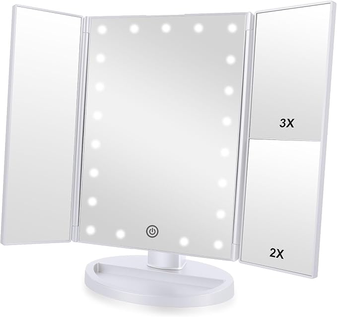 Flymiro Tri-fold Lighted Vanity Makeup Mirror with 3x/2x Magnification,Light up Mirror for Makeup,Touch Screen 21 LEDs,180° Rotation Countertop Cosmetic Mirror,Gifts for Women Mom Teen Girls