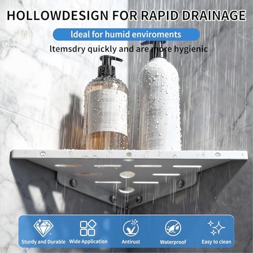 2 Pack 10" 304 Stainless Steel Corner Shower Shelf 6 Hooks 40Lb Drill White