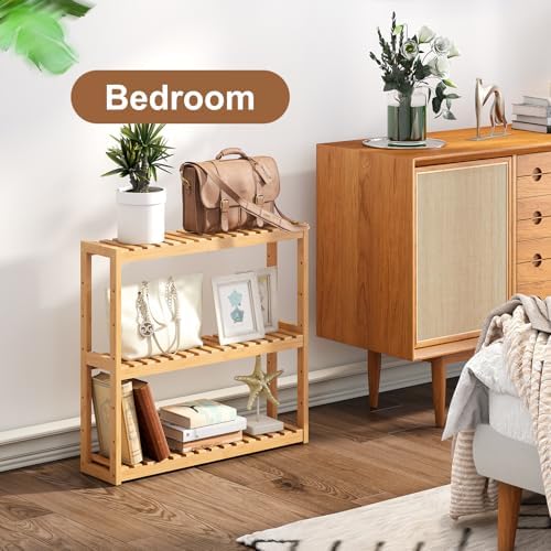 Bamboo Organizer Rack - Adjustable 3-Tier Storage Shelf, Wall Mounted or Over The Toilet, Living Room, Kitchen (Natural)