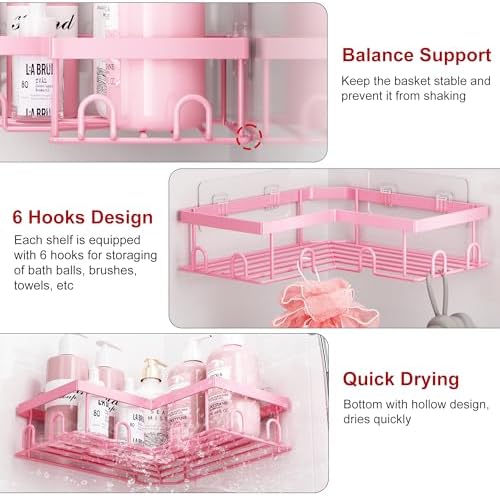 Liuoud Corner Shower Caddy, 5 Pack Adhesive Stainless Steel Organizer, Pink