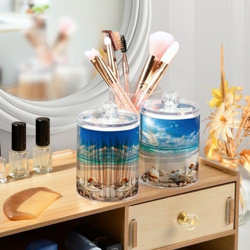 Beautiful Beach Scene Qtip Holder 2 Pack - 10 Oz Clear Plastic Apothecary Jar Set for Bathroom Organization - Versatile Canister Storage for Cotton Balls, Swabs, Rounds