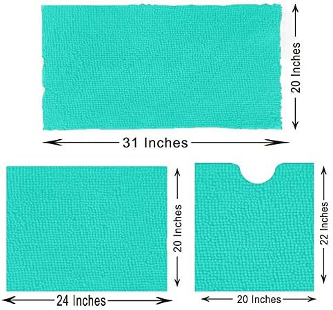 Madeals Chenille Bath Rug Set with Toilet Lid Cover and U-Shaped Toilet Floor Rug Turquoise