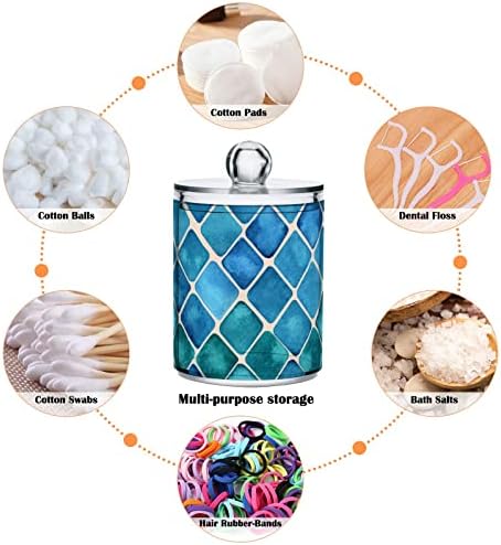 Fustylead 2 Pack Blue-green Squares Qtip Holder Dispensers, Bathroom Storage Canister Plastic Apothecary Jar Set for Cotton Swabs, Ball, Pads, Floss