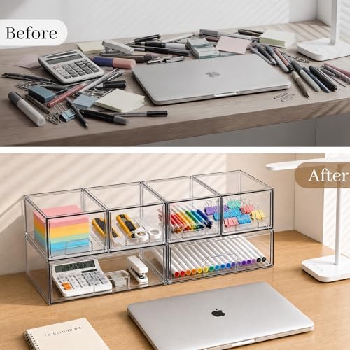 TIPGO Clear Stackable Storage Drawers, Acrylic Bathroom Makeup Organizer, Plastic Bins for Art Tool & Sketch, Sturdy and Durable Containers for Countertop, Cabinet, Vanity, Pantry Organization