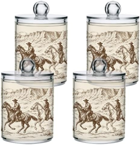 Blueangle 4PCS American West Cowboy Qtip Holder Dispenser with Lids - Apothecary Jar Containers for Vanity Organizer Storage - Plastic Food Storage Canisters