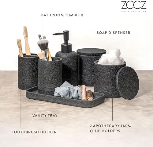 ZCCZ Black Stone Bathroom Accessories Set 6 Pieces - Toothbrush Holder, Lotion Dispenser, Qtip Container, Vanity Tray, Tumbler - Countertop Organizer for Bathrooms - Elegant and Functional Décor Set