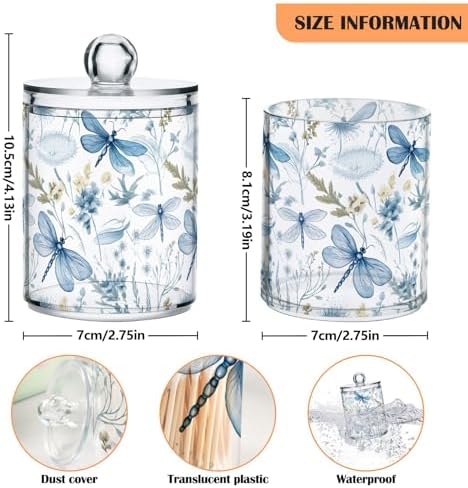 4 Pack Qtip Holder Dispenser with Lids, Blue Floral Dragonflies Plastic Storage Containers,Bathroom Canisters Organizer for Cotton Ball, Cotton Swab, Cotton Round Pads, Floss 21215128