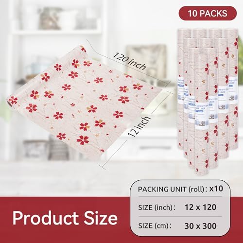 FIFTY FEET 12"x120" Non-Adhesive Shelf Liner for Kitchen Cabinets and Drawers, Washable Non-Slip PVC Cabinet Liner (Red Floral)(10 Roll)