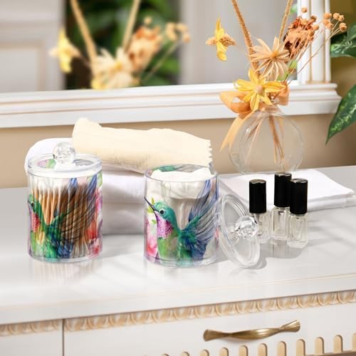 Hummingbirds Qtip Holder 2 Pack - 10 Oz Clear Plastic Apothecary Jar Set for Bathroom Organization - Versatile Canister Storage for Cotton Balls, Swabs, Rounds