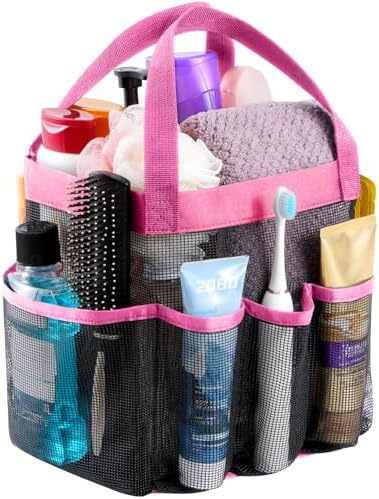Lifewit Mesh Shower Caddy Portable for College Dorm Room Essentials with 7 Pockets, Freestanding Hanging Organizer Basket, Quick Dry Tote Bag for Camping, Bathroom, Beach, Travel, 1 Pack, Pink