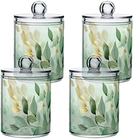 Vnurnrn Green Gold Leaves Clear Plastic Jar Set for Cotton Swab Cotton Ball Cotton Round Pads Floss, Bathroom Canisters Storage Organizer, Vanity Makeup Organizer 2 Pack