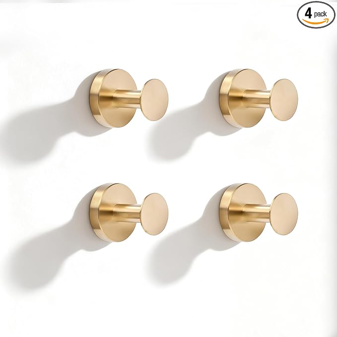 NEWRAIN Towel Hooks, 4 Pack Towel Holder for Bathroom Wall, Cabinet Closet Door, Kitchen, Bedroom, Hotel - Modern Design Effortless Mounting Towel Hangers, Robe Hook Brushed Gold
