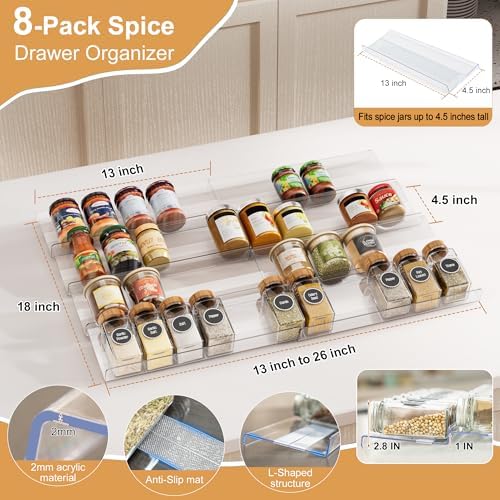 8-Pack Spice Drawer Organizer, Expandable Acrylic Seasoning Rack (13" to 26") with Anti-Slip Mat, Kitchen Spice Rack Holds up to 56 Jars (Jars Not Included)