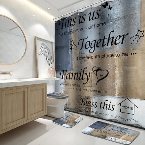 Lnond 4Pcs Shower Curtain Set with Toilet Lid Cover and Non-Slip Rugs for Bathroom,Navy Blue and Brown Abstract Motivational Bathroom Sets with Shower Curtain and Rugs