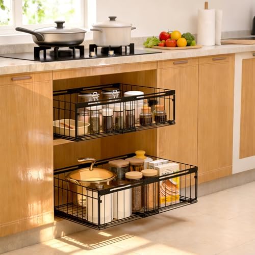 Expandable Pull Out Cabinet Organizer Adjustable Width 13"-20", Kitchen Organization with Adhesive.Bathroom Under Sink Organizers and Storage,Bedroom Slide out Drawers,Pantry