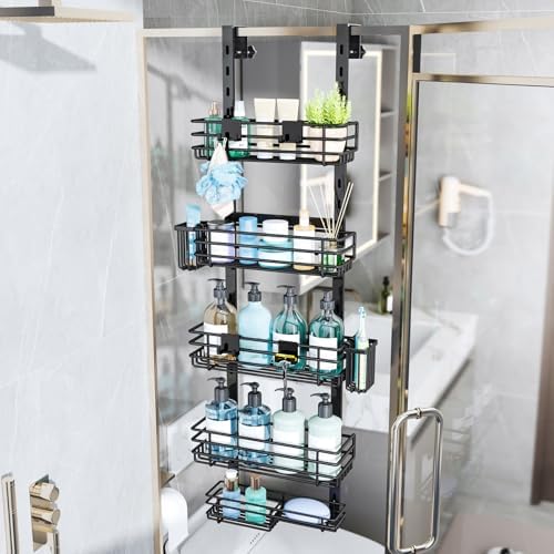 Consumest Over The Door Shower Caddy - 5 Tier Adjustable Shower Organizer Hanging with 2 Toothbrush Holders & 4 Hooks, Rustproof Organizer Shelf, Storage Rack for Bathroom, Black
