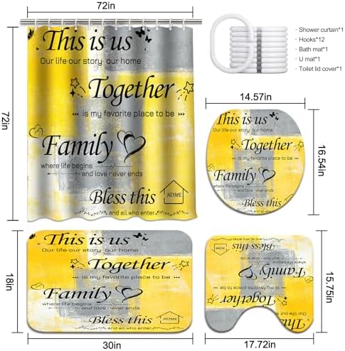 Lnond 4Pcs Shower Curtain Set with Toilet Lid Cover and Non-Slip Rugs for Bathroom,Yelloe Grey Abstract Motivational Bathroom Sets with Shower Curtain and Rugs