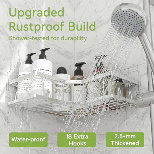 Shower Shelf Corner, Adhesive Shower Caddy Rustproof, Shower Shelves Corner with Soap Holder, No Drilling Shower Corner Organizer for Dorm, Renters Bathroom, Silver, 3 Pack