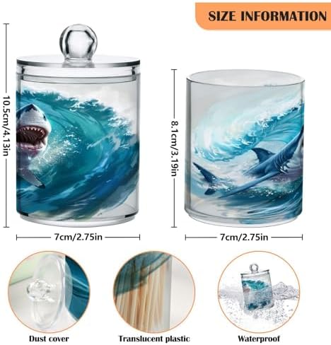 2 Pack Qtip Holder Organizer Dispenser Jumping Shark Blue Ocean Wave Bathroom Storage Canister Cotton Ball Holder Container for Cotton Pads/Swabs/Floss