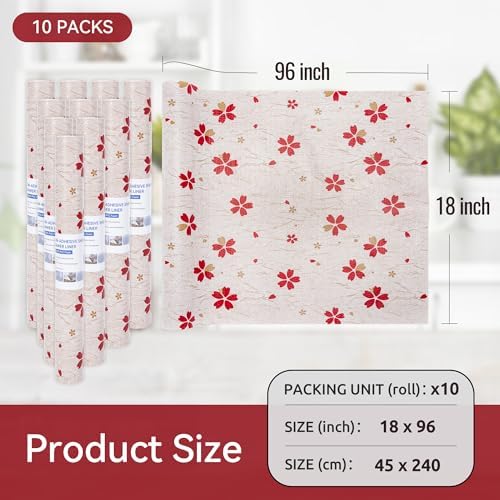 FIFTY FEET 18"x96" Non-Adhesive Shelf Liner for Kitchen Cabinets and Drawers, Washable Non-Slip PVC Cabinet Liner (Red Floral)(10 Roll)