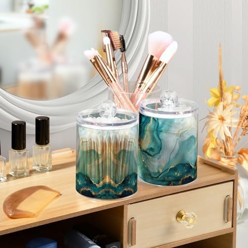Abstract Turquoise Pattern Qtip Holder 4 Pack - 10 Oz Clear Plastic Apothecary Jar Set for Bathroom Organization - Versatile Canister Storage for Cotton Balls, Swabs, Rounds