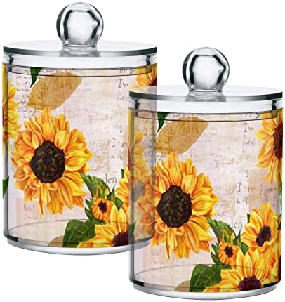 4 Pack Sunflower Qtip Holder Dispenser with Lid, 14 oz Clear Plastic Apothecary Jar Set for Bathroom Vanity Organizers Storage Containers