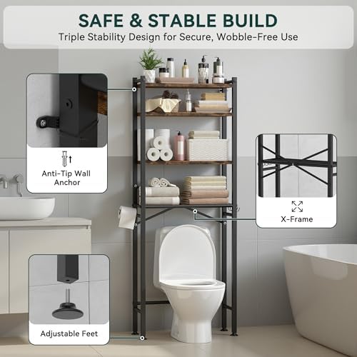 GloTika 4-Tier Over The Toilet Storage, Anti-Tilt, 69.3" H, Black Brown