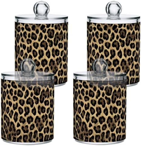 Brown Leopard Print Qtip Holder Apothecary Jars Bathroom Storage Floss Makeup Organizer for Cotton Ball Swab Acrylic 2 Packs