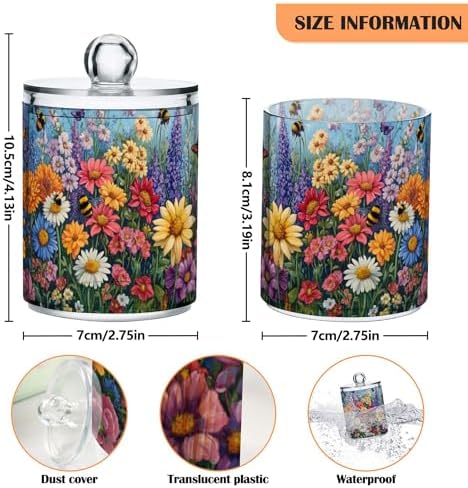 MNSRUU 4 Pack Qtip Holder Organizer Dispenser Floral Daisy Bee Spring Bathroom Storage Canister Cotton Ball Holder Bathroom Containers for Cotton Swabs/Pads/Floss