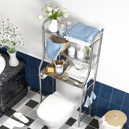 Over The Toilet Storage Rack, 2 Tier Bathroom Organizer Shelf with Toilet Paper Holder, Freestanding Space Saver Toilet Stands, Multifunctional Above Toilet Shelf for Bathroom Stainless Steel 2layers