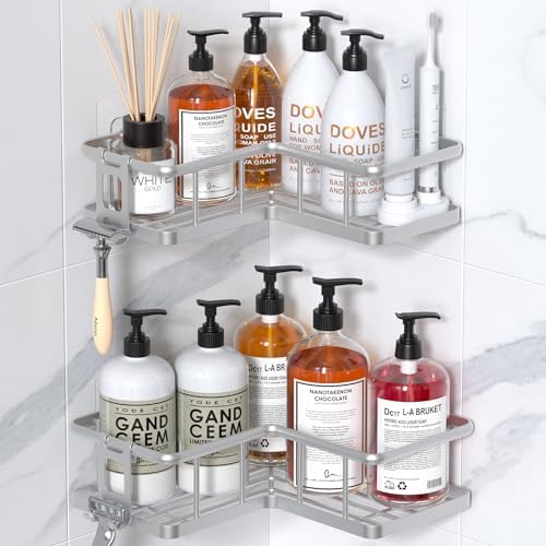 YASONIC Corner Shower Caddy Adhesive, 100% Rustproof Shower Organizer, No Drill Shower Shelf for Inside Shower, Wall-Mounted Shower Storage for Homes (2 Pack, Silver)