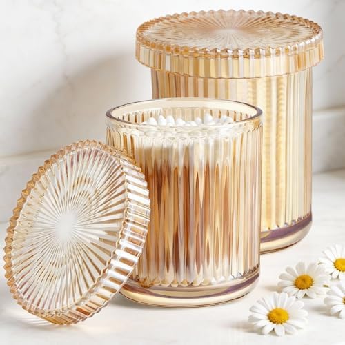 2‑Pack Amber Ribbed Glass Qtip Holder, Vanity & Bathroom Makeup Storage
