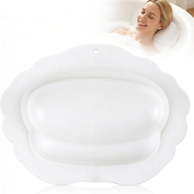 Bath Pillow for Tub, Inflatable Silicone Bathtub Pillow for Head & Neck Support, Adjustable 0-2.3" Height, 7 Strong Suction Cups, Waterproof, Quick-Drying, Luxury Spa Gifts (White)